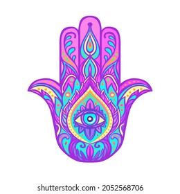 Ornate hand drawn hamsa. Popular Arabic and Jewish amulet. Vector illustration isolated on white. Tattoo design, mystic symbol. coloring book for adults. Bright tattoo flash. 