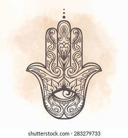 Ornate hand drawn hamsa. Popular Arabic and Jewish amulet. Vector illustration.