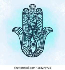 Ornate hand drawn hamsa. Popular Arabic and Jewish amulet. Vector illustration.