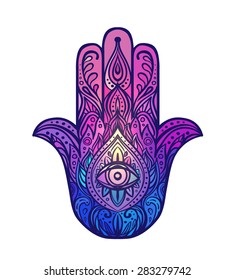 Ornate hand drawn hamsa. Popular Arabic and Jewish amulet. Vector illustration.