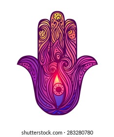 Ornate hand drawn hamsa. Popular Arabic and Jewish amulet. Vector illustration.