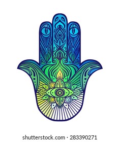 Ornate hand drawn hamsa. Popular Arabic and Jewish amulet. Vector illustration.