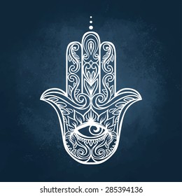 Ornate hand drawn hamsa. Popular Arabic and Jewish amulet. Vector illustration.