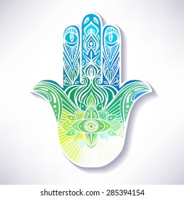 Ornate hand drawn hamsa. Popular Arabic and Jewish amulet. Vector illustration.