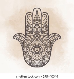 Ornate hand drawn hamsa. Popular Arabic and Jewish amulet. Vector illustration.