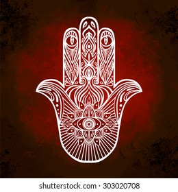 Ornate hand drawn hamsa. Popular Arabic and Jewish amulet. Vector illustration.