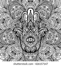 Ornate hand drawn hamsa. Popular Arabic and Jewish amulet. pattern. Vector illustration. Vintage decorative zentangle composition. Indian, Spiritual  motifs. Coloring book pages for adults