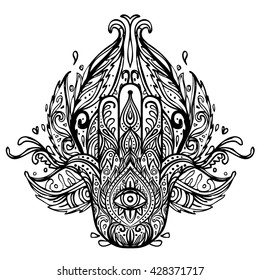 Ornate hand drawn hamsa. Popular Arabic and Jewish amulet. pattern. Vector illustration. Vintage decorative zentangle composition. Indian, Spiritual  motifs. Coloring book pages for adults