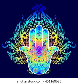 Ornate hand drawn hamsa. Popular Arabic and Jewish amulet. Vector illustration. Mystic, alchemy, occult concept. Design for t-shirt print, psychedelic poster, flyer. Astrology, esoteric, religion.