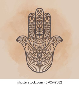 Ornate hand drawn hamsa. Popular Arabic and Jewish amulet. Vector illustration.