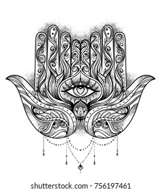 Ornate hand drawn hamsa. Popular Arabic and Jewish amulet. Vector illustration isolated on white. Tattoo design, mystic symbol. coloring book for adults. Black outline tattoo flash. 