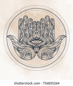 Ornate hand drawn hamsa. Popular Arabic and Jewish amulet. Vector illustration vintage background. Tattoo design, mystic symbol. coloring book for adults. Blackwork tattoo flash. 