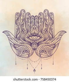 Ornate hand drawn hamsa. Popular Arabic and Jewish amulet. Vector illustration vintage background. Tattoo design, mystic symbol. coloring book for adults. Blackwork tattoo flash. 