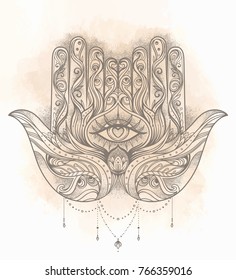 Ornate hand drawn hamsa. Popular Arabic and Jewish amulet. Vector illustration vintage background. Tattoo design, mystic symbol. coloring book for adults. Blackwork tattoo flash. 