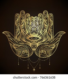 Ornate hand drawn hamsa. Popular Arabic and Jewish amulet. Vector illustration isolated on black. Tattoo design, mystic symbol. Gold
 gradient over black. 