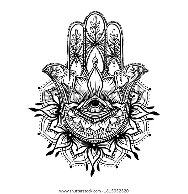 Ornate hand drawn hamsa. Popular Arabic and\
Jewish amulet. Vector illustration. Outline vector illustration,\
isolated on white\
background.