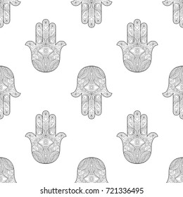 Ornate hand drawn hamsa seamless pattern. Hand of Fatima. Arabic, Indian and Jewish wallpaper with amulet. Coloring page.