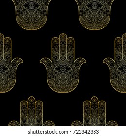 Ornate hand drawn hamsa seamless pattern. Hand of Fatima. Gold arabic, Indian and Jewish wallpaper with amulet.