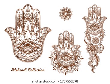 Ornate hand drawn hamsa set. Popular Arabic and Jewish amulet. Vector illustration. Outline vector illustration, isolated on white background.