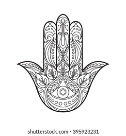 Ornate hand drawn hamsa. Vector illustration. Sacred geometry.