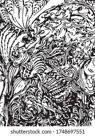 Ornate, hand painted pattern, digitally remastered and colored, on white background