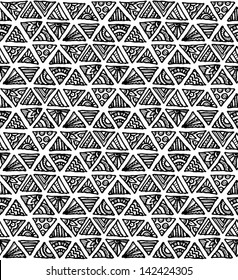 Ornate hand-drawn black and white triangles vector seamless pattern