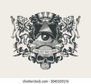 Ornate hand  drawn Coat arms and All  seeing eye  knightly shield  crown  lions  sinister human skull   inscription Trust no one  Black   white vector banner emblem in vintage style