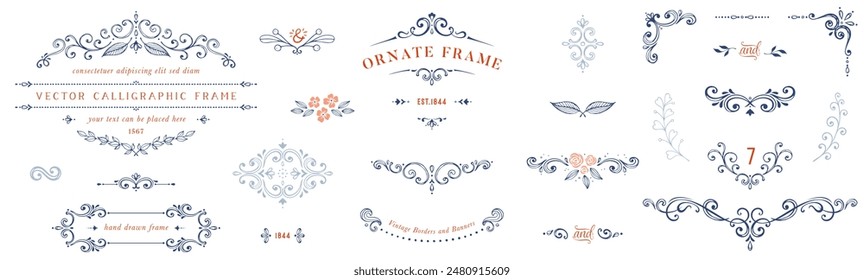 Ornate handdrawn elements, frames, labels, scroll, logos, floral motifs. For branding, graphic design, packaging, stickers, business and greeting cards, invitations, menu, diplomas, certificates. 