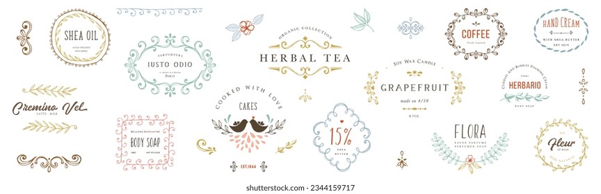 Ornate handdrawn frames, labels, scroll elements, branches, leaves and floral motifs. For brand, package, visual identity, business and greeting cards. Simple logo design for small business.