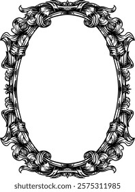 Ornate hand-drawn oval frame engraving, ideal for logos, packaging, t-shirt designs, or decorative graphic projects. A detailed and vintage-inspired design for elegant visuals.