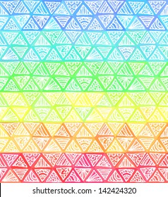Ornate hand-drawn rainbow triangles vector seamless pattern