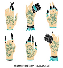 Ornate hands with old school tattoo. Old school tattoo hands. Vector illustration.