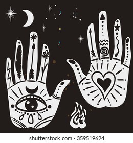 Ornate hands with sacred symbols in bohemian style. Hand drawn vector illustration.