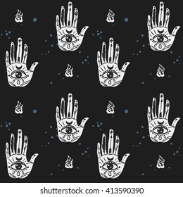 Ornate hands with sacred symbols in bohemian style. Hand drawn vector seamless pattern.