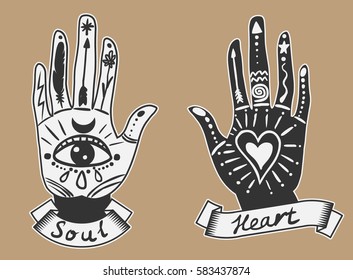 Ornate hands with sacred symbols in bohemian style. Hand drawn vector illustration.