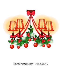 Ornate hanging chandelier, Christmas decoration and baubles isolated on white background. Lamp decorated with holly or ilex, red balls. Idea of festive interior. Vector cartoon close-up illustration.
