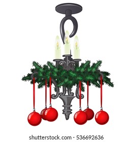 Ornate hanging chandelier with christmas decorations and baubles isolated on white background. Sample of holiday poster, card, party invitation. Vector cartoon close-up illustration.

