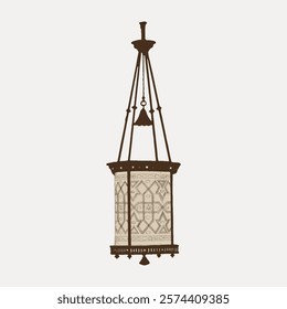 Ornate hanging lantern with intricate patterns. Lantern features geometric designs. Elegant lantern suspended by chains. Decorative lantern for ambient lighting. Vintage vector element.