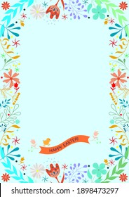 Ornate Happy Easter greeting card, floral frame. Universal trendy business and corporate spring art template. Vector background.