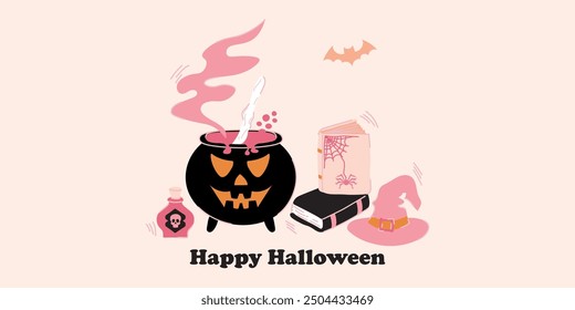 Fondo de Halloween feliz adornado. Plantilla de saludos dibujados a mano de moda