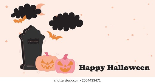 Fondo de Halloween feliz adornado. Plantilla de saludos dibujados a mano de moda