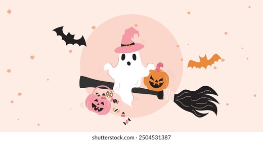 Fondo de Halloween feliz adornado. Plantilla de saludos dibujados a mano de moda