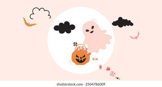 Fondo de Halloween feliz adornado. Plantilla de saludos dibujados a mano de moda