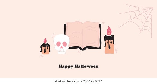 Fondo de Halloween feliz adornado. Plantilla de saludos dibujados a mano de moda