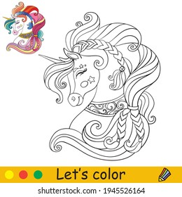 Ornate head of unicorn in profile. Coloring book page with colorful template. Vector cartoon isolated illustration. For coloring book,education, print, game,party,baby shower, design,decor and apparel