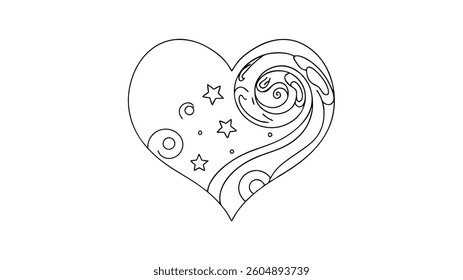 Ornate Heart Design Stars, Waves, and Swirls Coloring Page