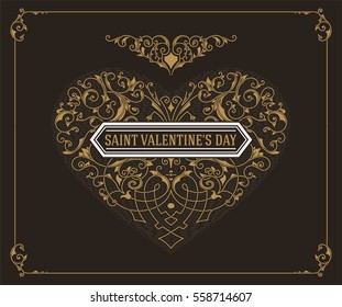 Ornate heart in retro style. Elegant element for logo design. Floral illustration for wedding invitations, greeting cards, Valentines cards with Vintage frame.