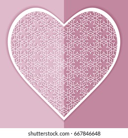 Ornate Heart with shadow, isolated design element for Card or Invitation. Decorative lace pattern, openwork filigree line texture. Abstract linear ornament in eastern style