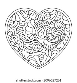 Ornate heart vector adult coloring book page. Black and white abstract ornament. Love and passion. Anti stress therapy for adult .