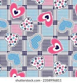 Ornate hearts on checkered diagonal houndstooth background